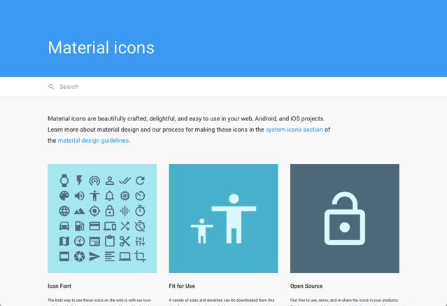Google 提供免費 Material icons 向量圖示集，可自由用於個人或商業專案（SVG、PNGs、Icon Font）