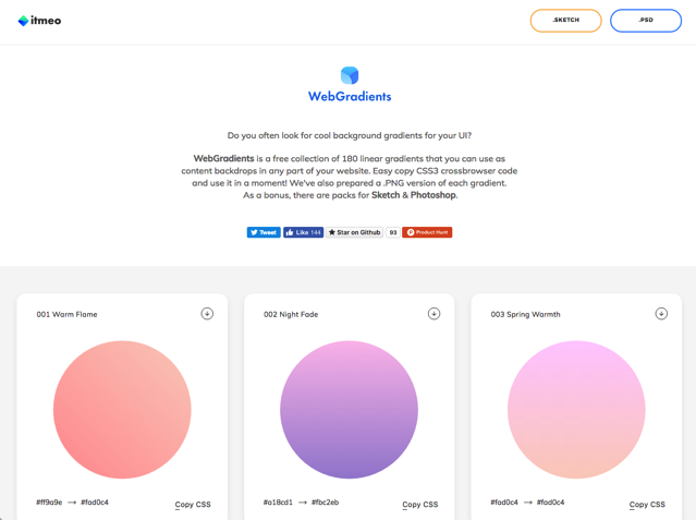 WebGradients 收錄180 種漸層背景免費下載，一鍵產生CSS 3 語法