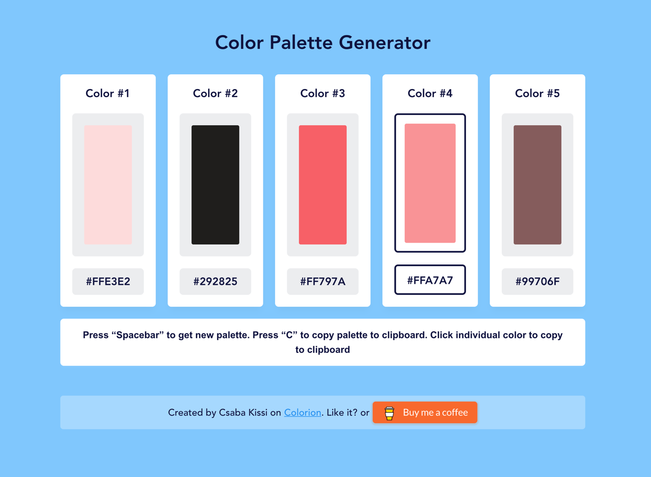 Color Palette Generator 線上調色盤工具，快速產生五個顏色可複製色碼