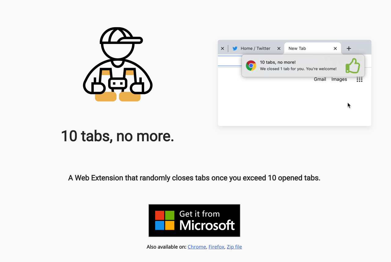 10 tabs, no more 限制瀏覽器可同時開啟分頁數，超過後提醒自動關閉