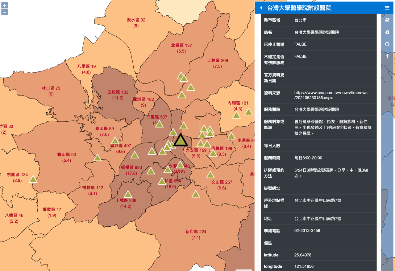 台灣 Covid-19 本土病例地圖