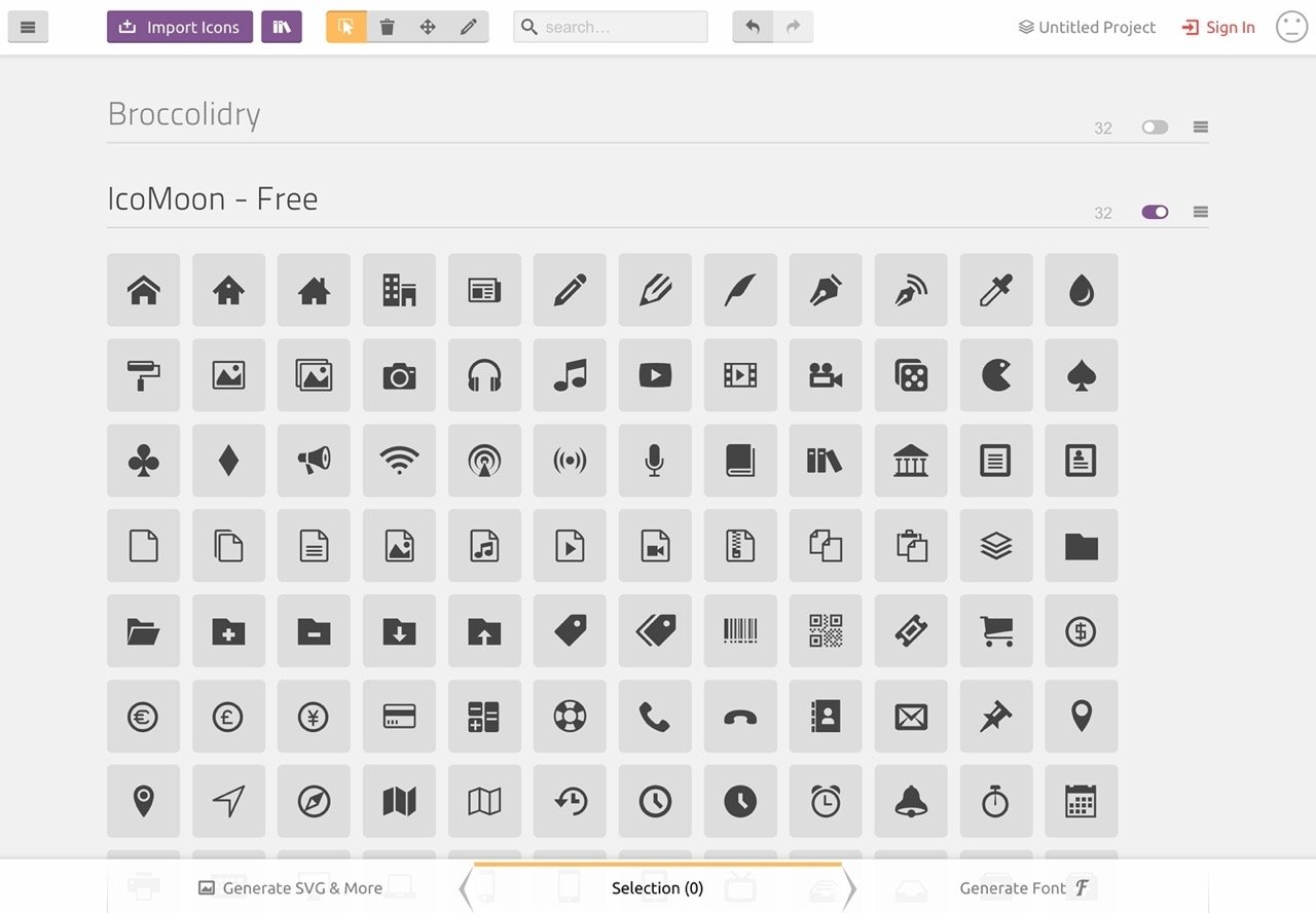 IcoMoon App 收錄 5500 個免費向量圖示，選取下載 SVG、PNG 圖示字型