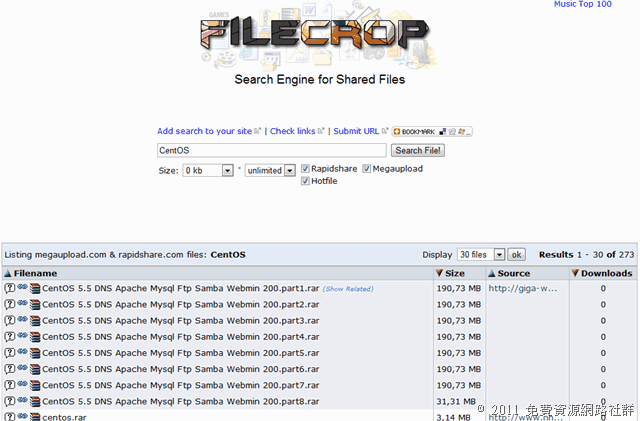 FileCrop 免費空間搜尋引擎，支援 Rapidshare, Megaupload 和 Hotfile 三大免空