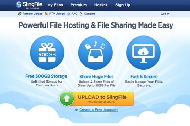 SlingFile 安全快速的 500 GB 免費空間，無上傳下載限制