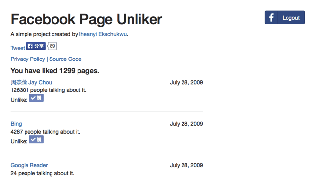 Facebook Page Unliker 列出所有按讚的臉書粉絲專頁，方便整理、快速取消追蹤