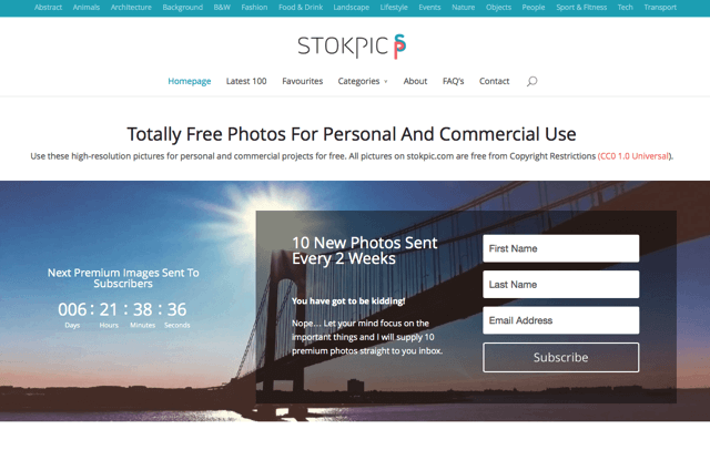Stokpic 可用於商業用途的免費 CC0 授權圖庫，更新自動將新相片寄到你信箱