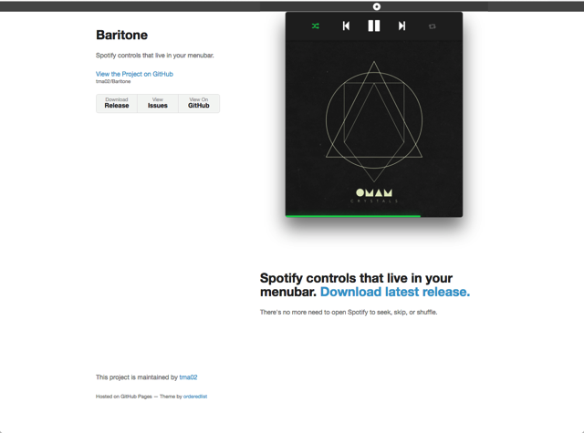 Baritone 在選單列控制 Spotify 播放器，查看目前播放專輯曲目（Mac）