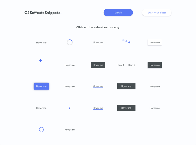 CSSeffectsSnippets 收錄 CSS 動態效果，線上預覽一鍵複製程式碼