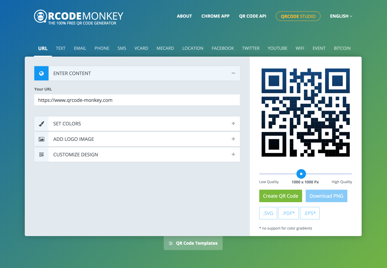 QRCode Monkey 免費 QR Code 產生器，可自訂顏色、樣式或加入 Logo
