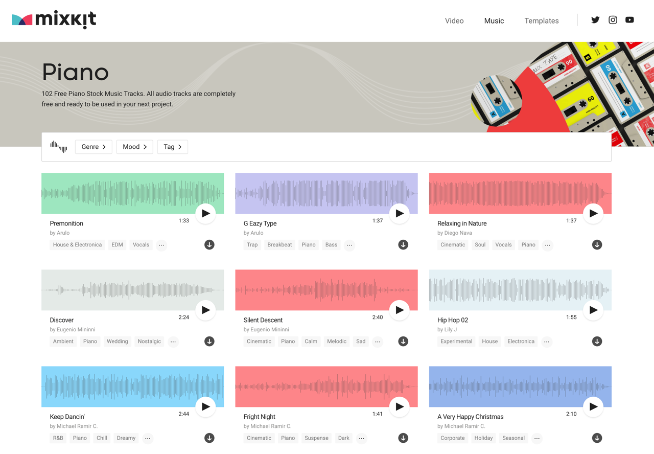 Mixkit Music 免費 MP3 音樂素材下載，網站也提供影片和插圖