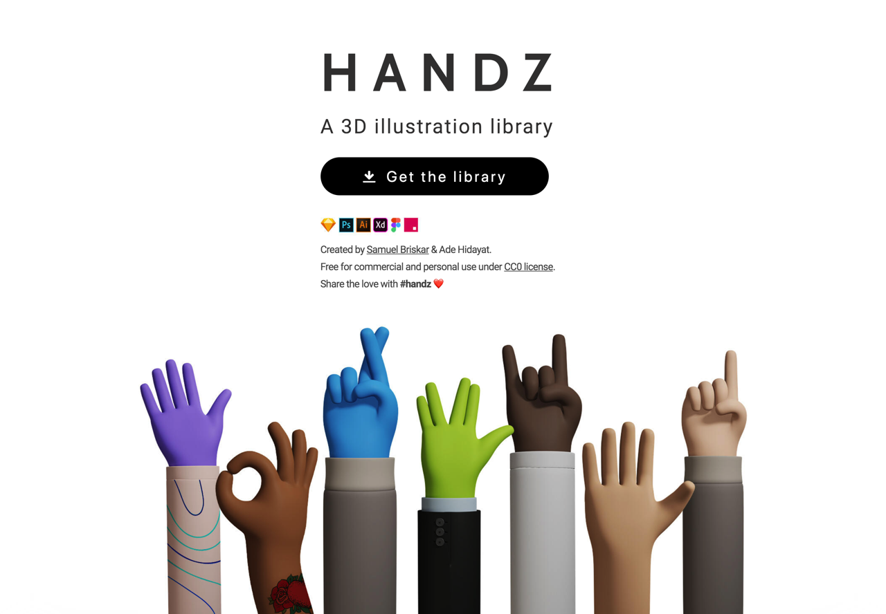 HANDZ 免費 3D 插圖素材，收錄 12 種手勢、9 種膚色共 320 種組合圖庫