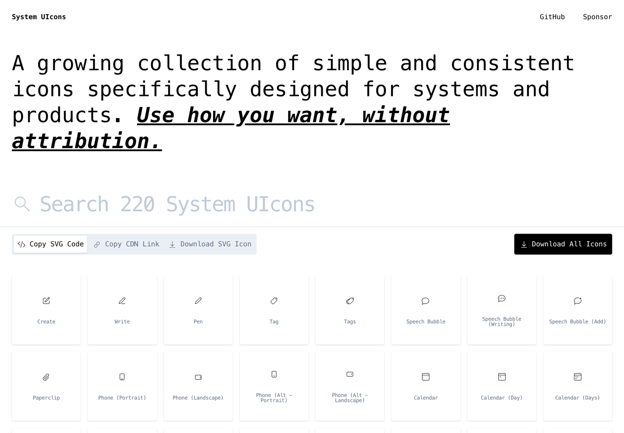 System UIcons 專為系統和產品開發設計免費圖示集，可自由使用無限制
