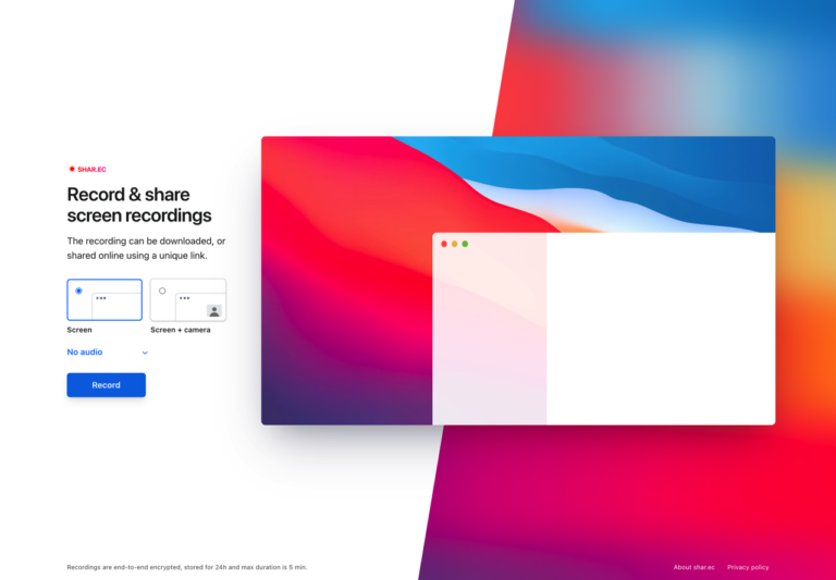 Shar.ec 線上螢幕錄影工具，錄製後產生分享鏈結可下載 Webm 格式