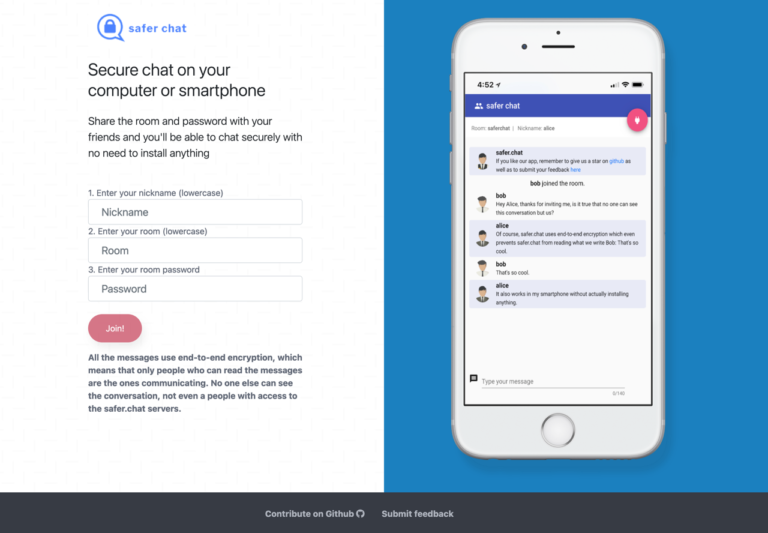 safer.chat 免費線上聊天室，在電腦或手機開啟進行加密對話