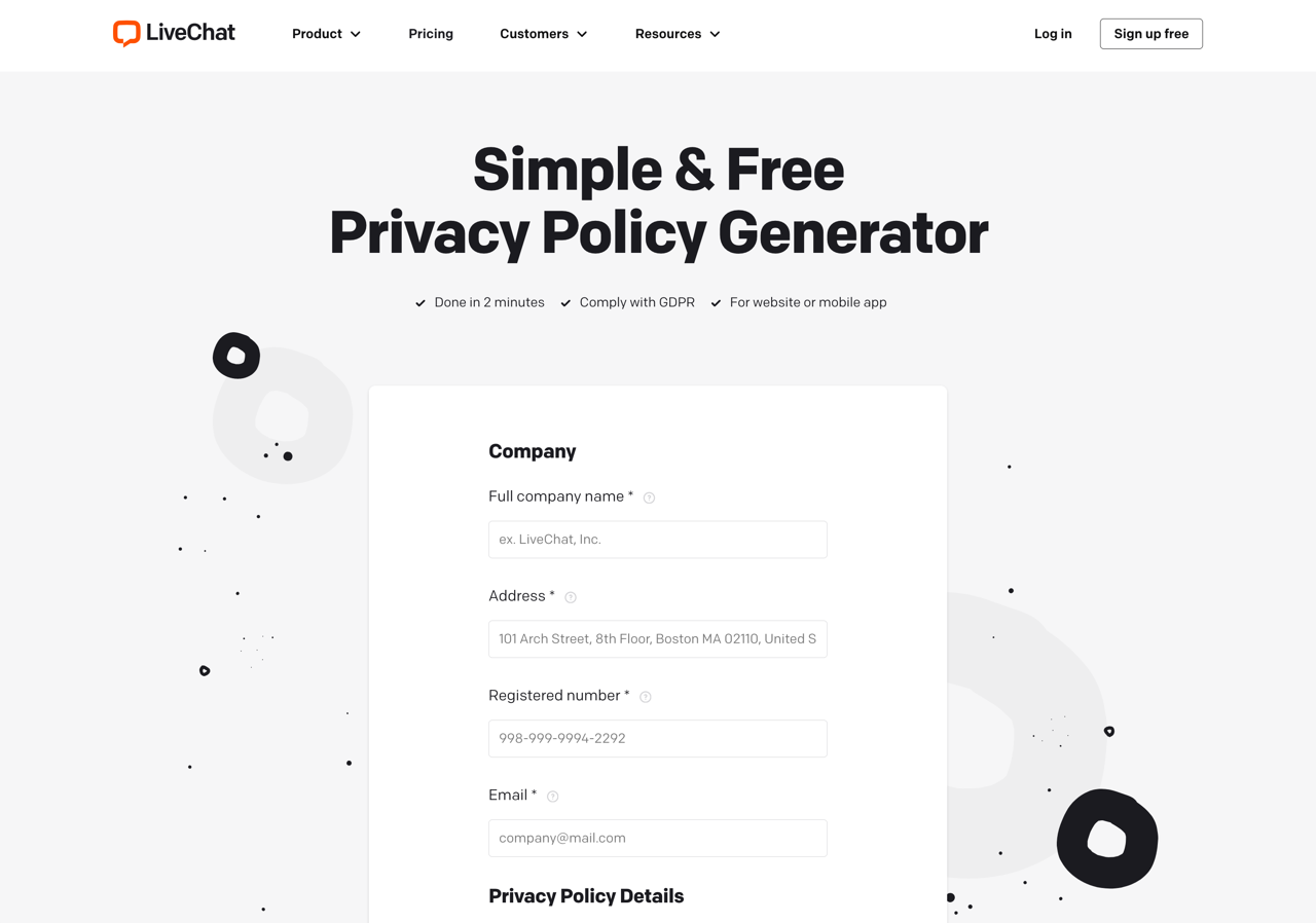 Privacy Policy Generator 由 LiveChat 提供的免費隱私權政策範本產生器