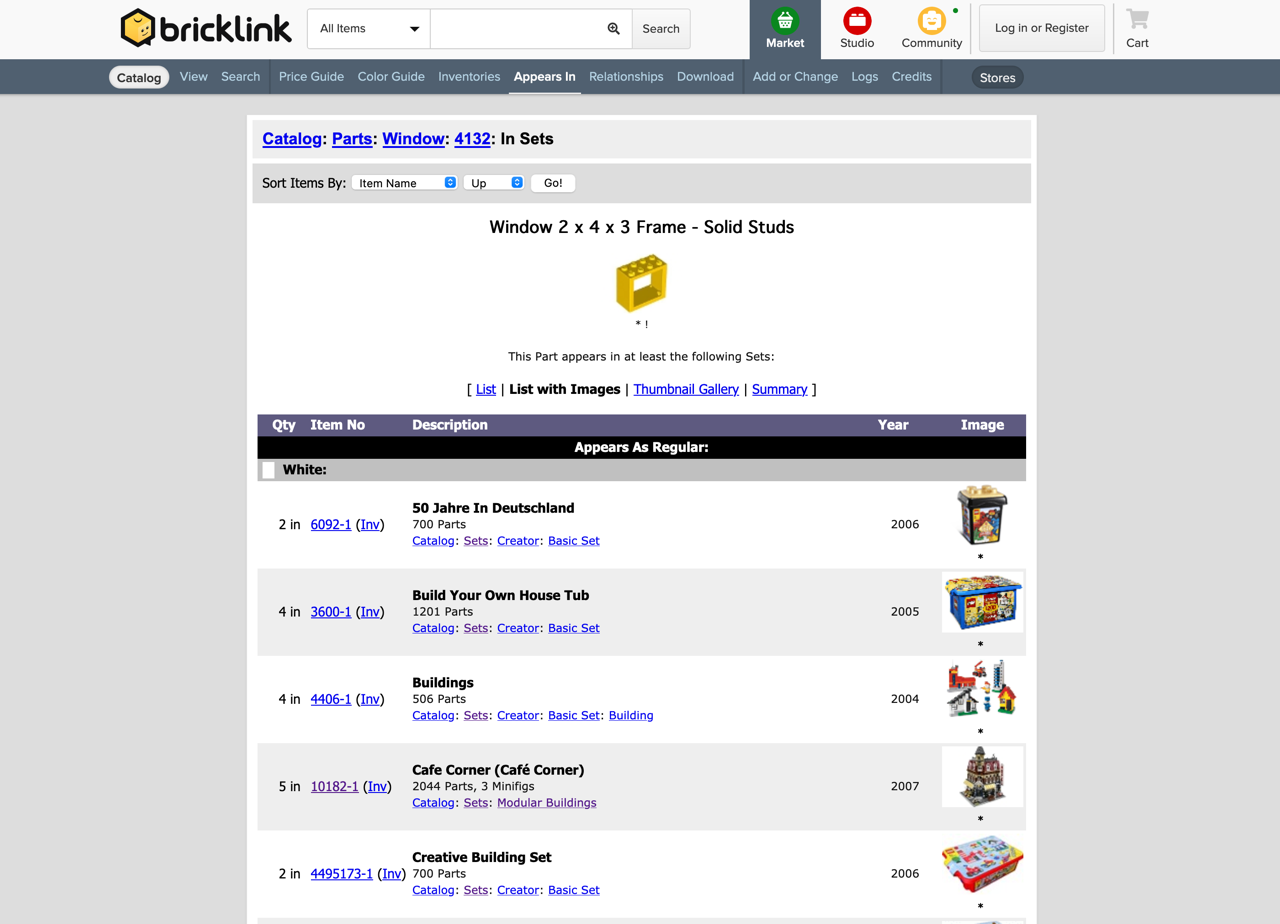 BrickLink 查詢樂高盒組出現的零件表和編號