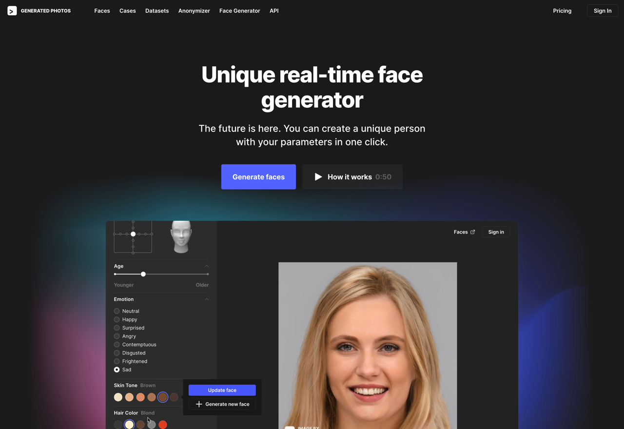 Face Generator 以自訂參數即時產生人物相片，看似真實卻不存在的面孔
