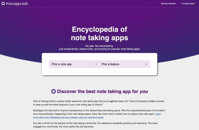 NoteApps 收錄 27 種最佳筆記軟體，列出各種功能可篩選比較差異