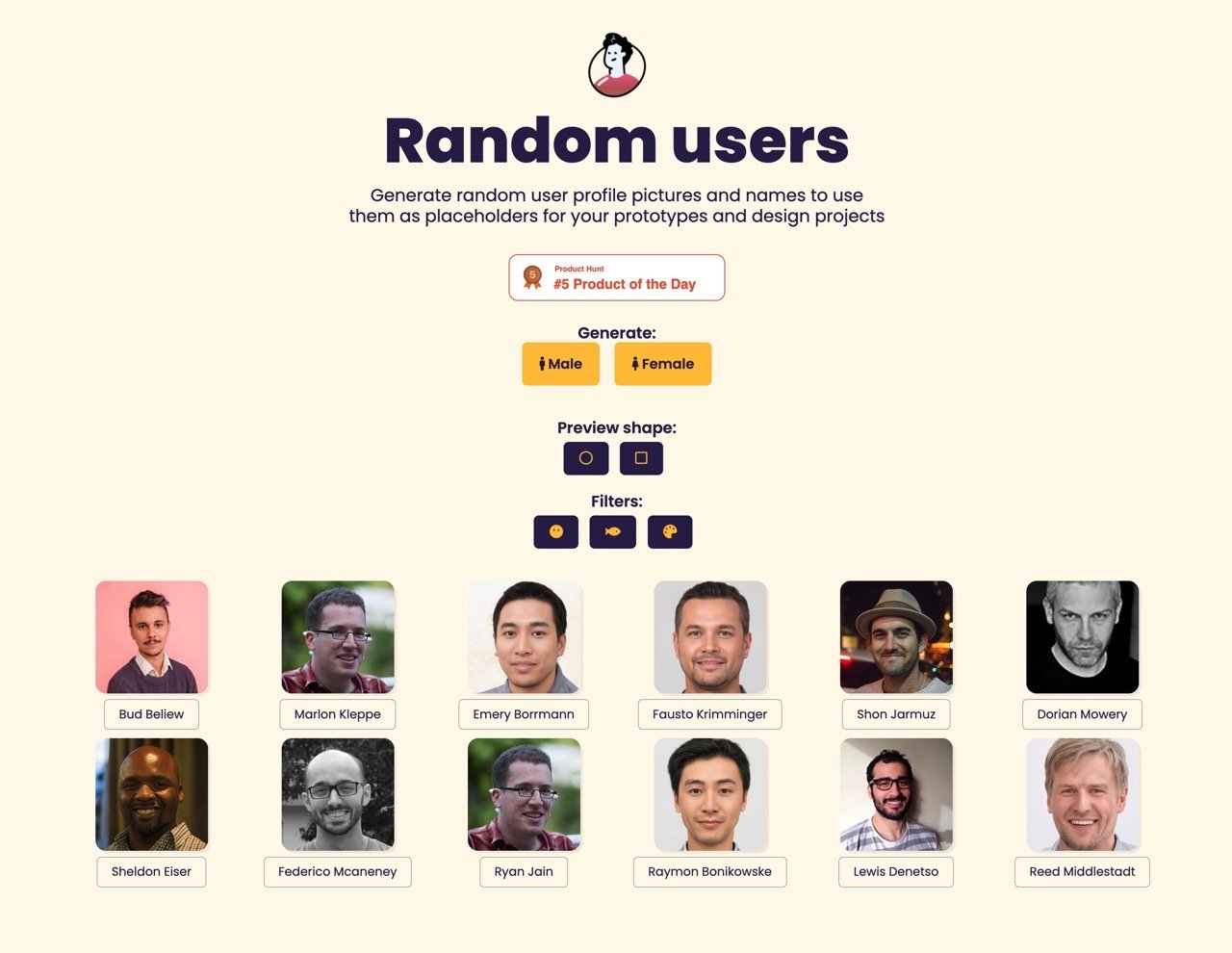 Random Users 隨機產生使用者個人圖片和姓名的線上工具