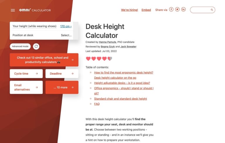 Desk Height Calculator 工作桌和站立式辦公桌建議高度計算機