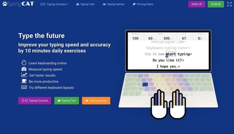 The Typing Cat 線上打字練習提供基礎課程、測驗和遊戲模式
