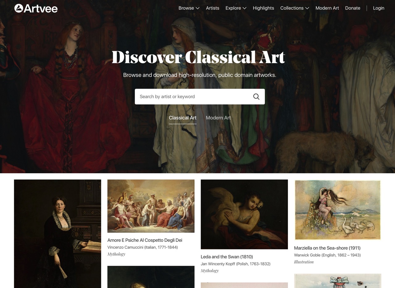 Artvee 整合世界各大美术馆博物馆作品，免费下载高画质艺术图库