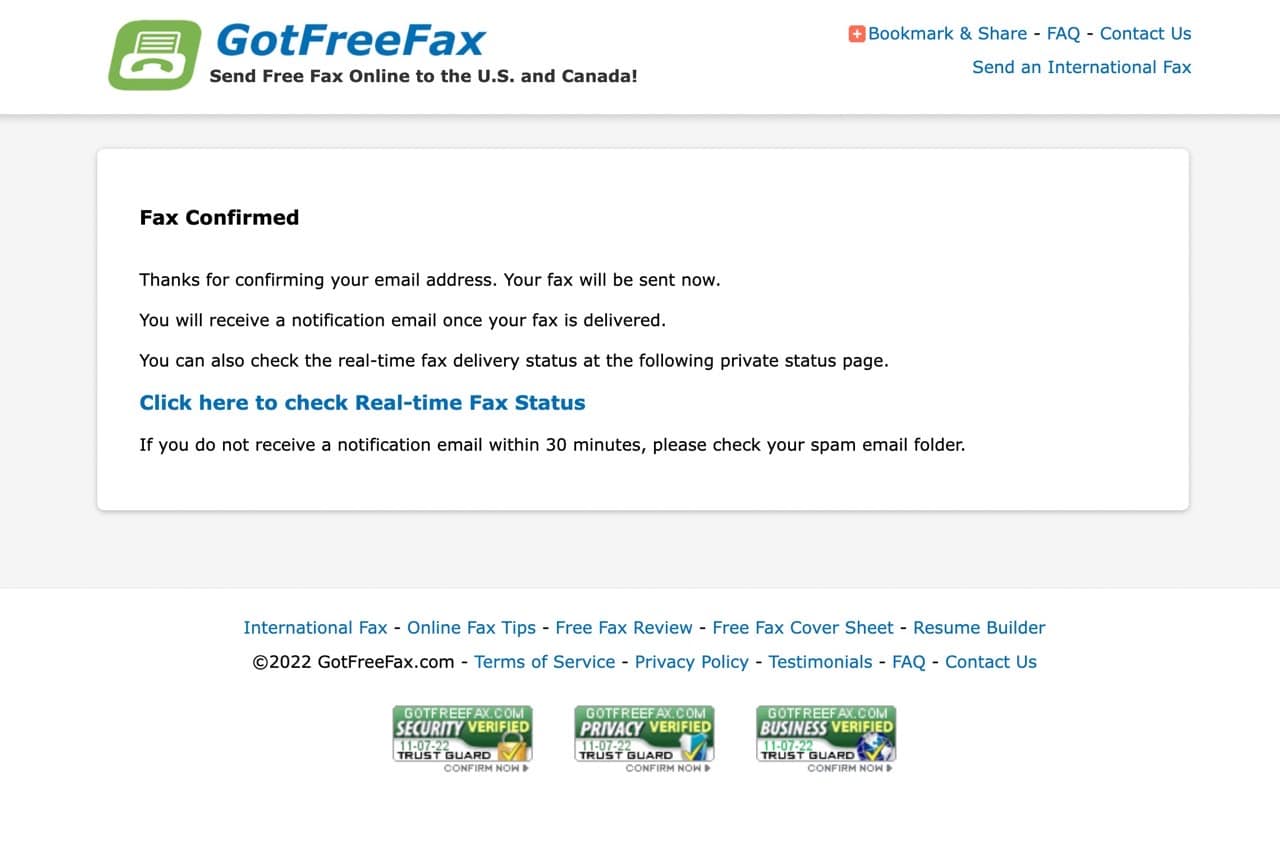 確認後等待 GotFreeFax 發送傳真