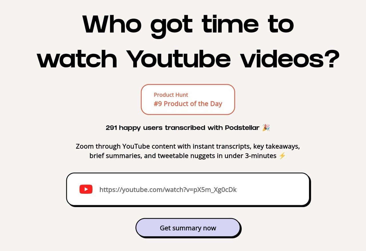 Podstellar 三分鐘將 YouTube 影片轉錄文字、簡短摘要及重點
