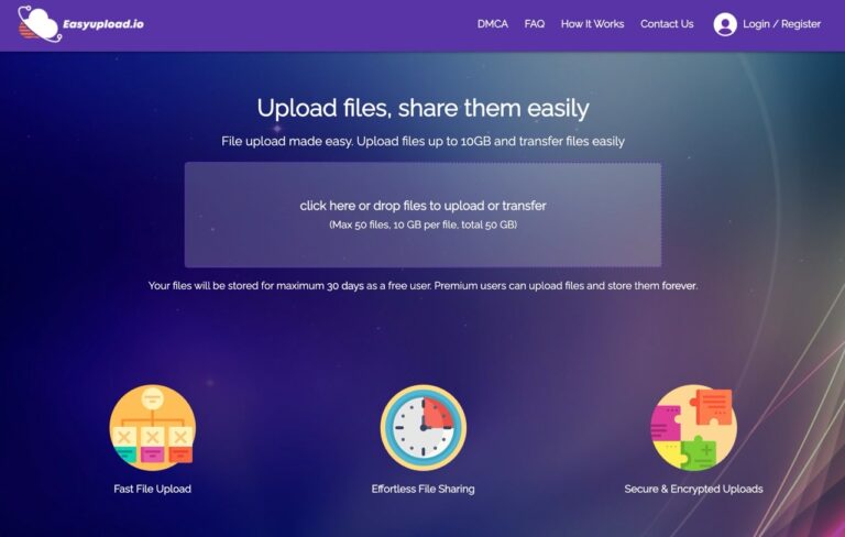 Easyupload 免費檔案空間，匿名分享單檔最大 10 GB、保存 30 天