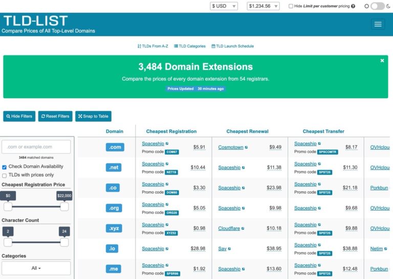 TLD-List：最佳域名價格比較工具，幫助使用者省錢選好網域