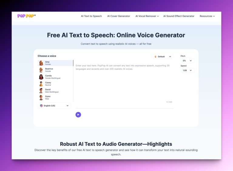 PopPop AI 免費文字轉語音工具：無需註冊、支援 20 種語言與 200 種聲音