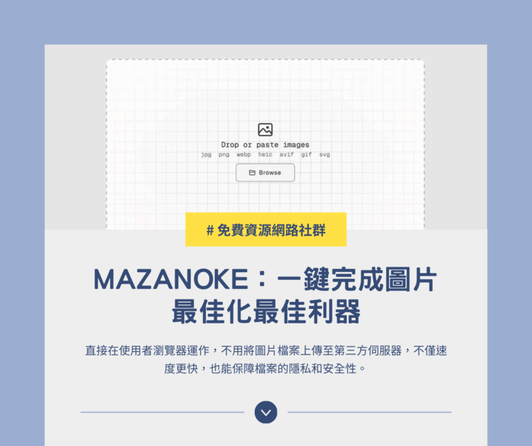 免費線上圖片最佳化神器 MAZANOKE：即時壓縮、調整大小、轉檔，無需上傳檔案