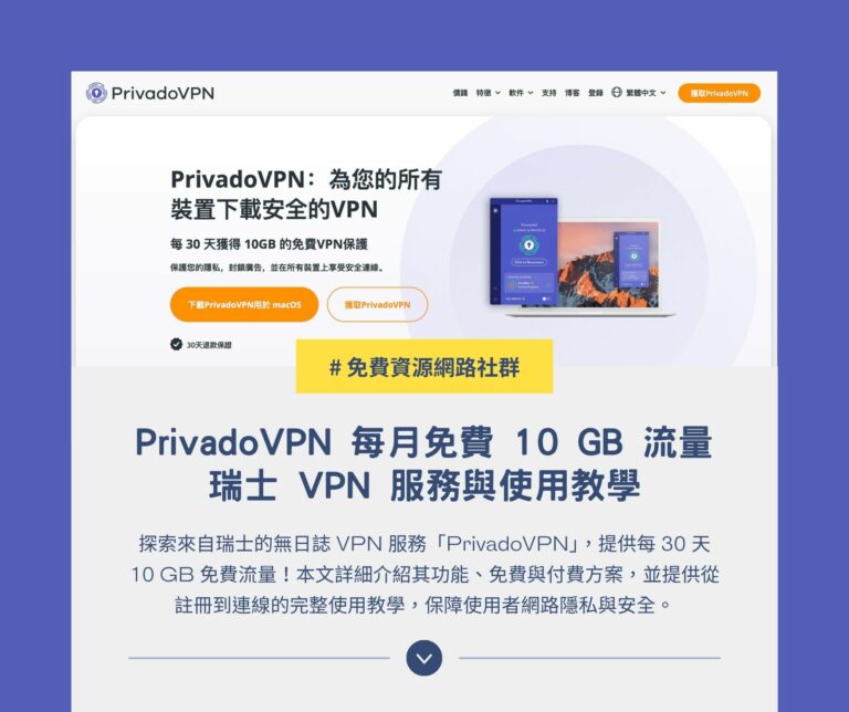 PrivadoVPN 評測：每月免費 10 GB 流量瑞士 VPN 服務與使用教學