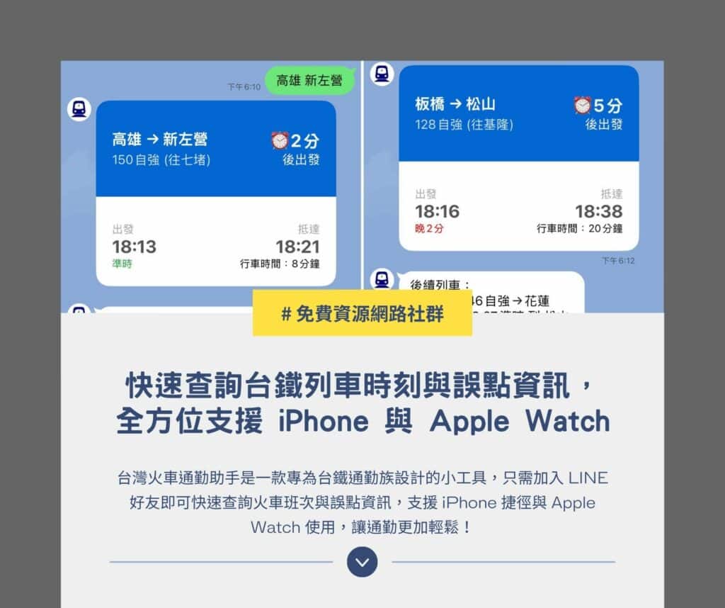 台灣火車通勤助手:快速查詢台鐵列車時刻與誤點資訊,全方位支援 iPhone 與 Apple Watch 1 台灣火車通勤助手:快速查詢台鐵列車時刻與誤點資訊,全方位支援 iPhone 與 Apple Watch