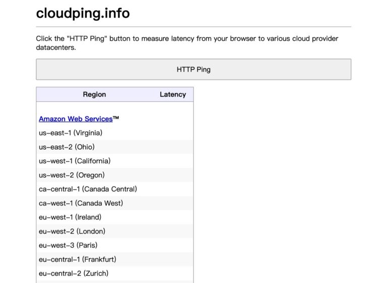 Cloudping.info 免費雲端主機延遲測試工具，快速比較 AWS、Azure、GCP 節點速度