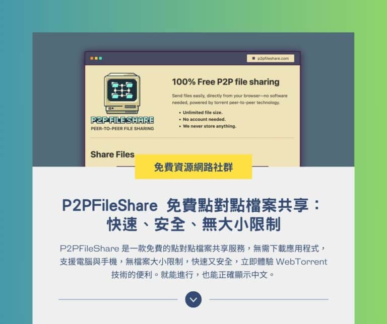 P2PFileShare 免費點對點檔案共享：快速、安全、無大小限制