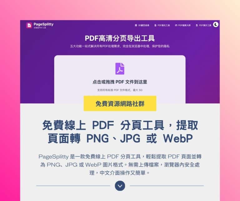 PageSplitty 免費線上 PDF 分頁工具，提取頁面轉 PNG、JPG 或 WebP