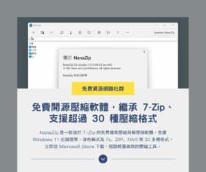 NanaZip 免費開源壓縮軟體，繼承 7‑Zip、支援 Windows 11 右鍵選單與 30+ 壓縮格式