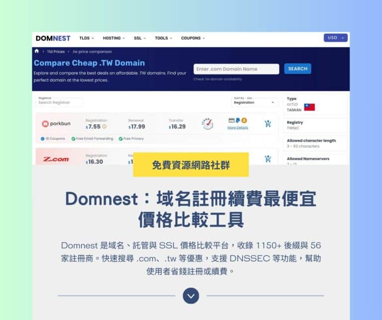 Domnest：域名註冊續費最便宜價格比較工具