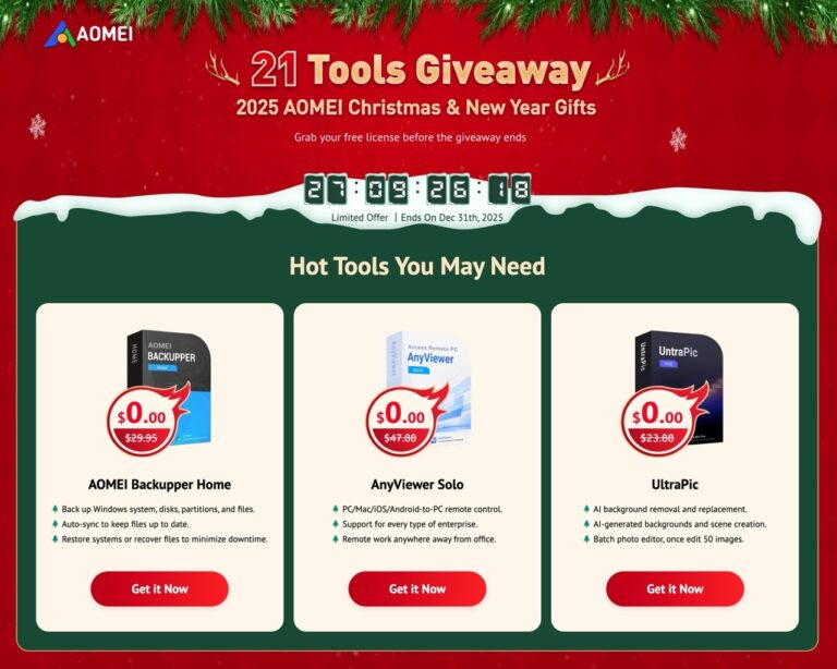 AOMEI 2025 聖誕節限免活動：21 套磁碟管理、備份與 AI 軟體免費領取！