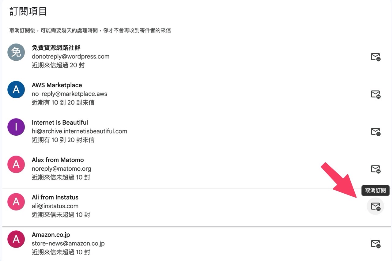 Gmail 管理訂閱項目