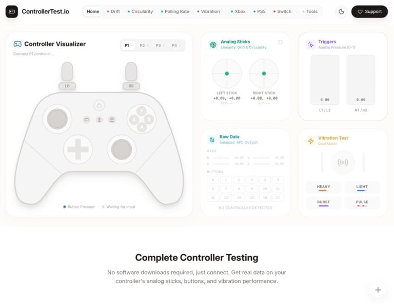 ControllerTest.io 線上遊戲手把檢測工具，免安裝支援 PS5、Xbox、Switch