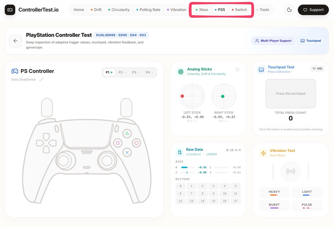 ControllerTest io PS5 Xbox Switch 
