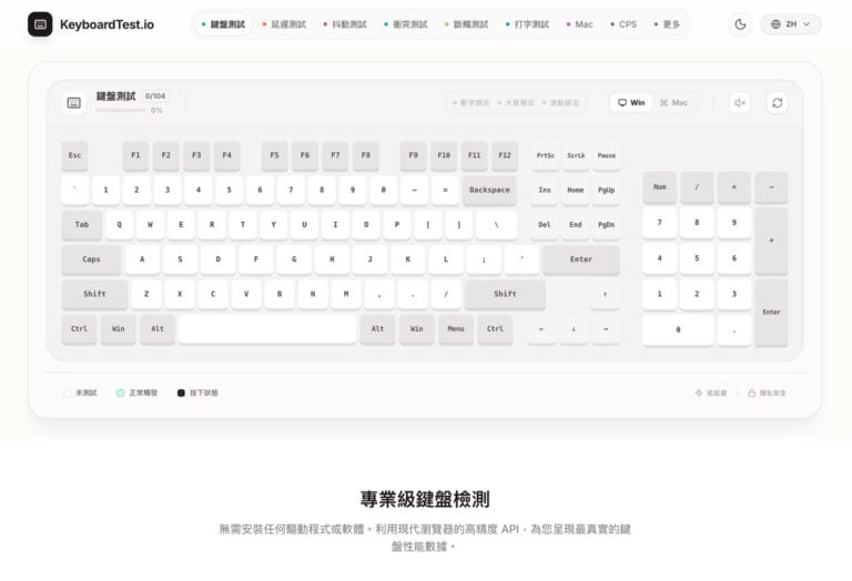KeyboardTest.io 鍵盤測試工具：免安裝、無廣告，線上檢測按鍵延遲與衝突等問題