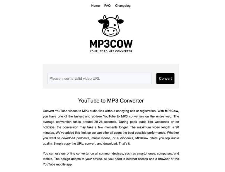 MP3Cow 免費 YouTube 轉 MP3 工具：無廣告、免註冊，自動選擇最高音質
