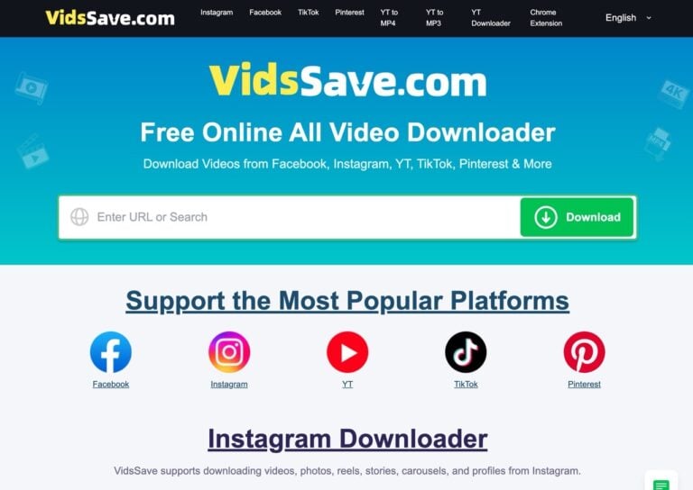 VidsSave 免費線上影片下載工具，支援 FB、IG、YT、TikTok 下載與轉 MP3