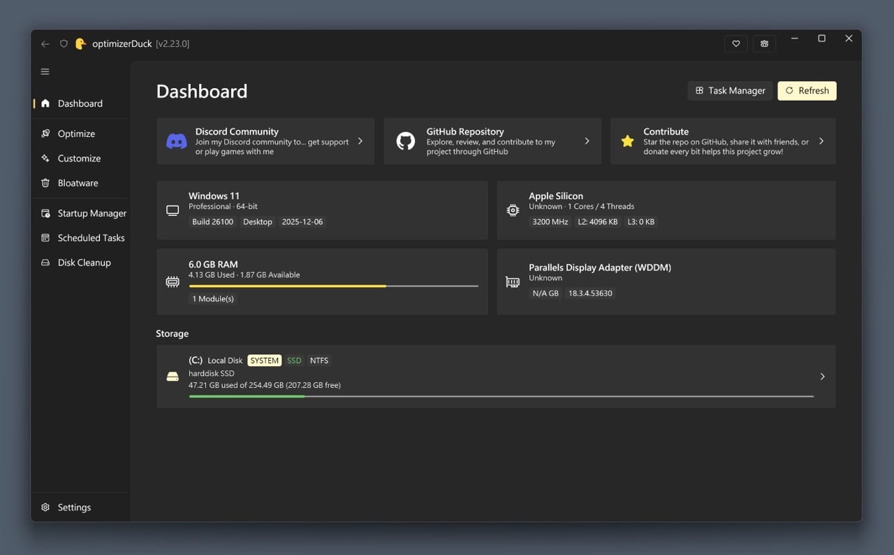 OptimizerDuck 免費開源 Windows 最佳化工具，一鍵加速、清理與關閉追蹤