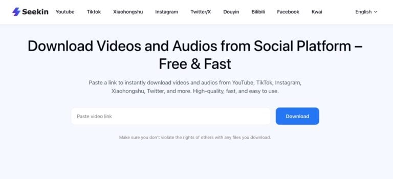 Seekin 免費線上影片下載工具，支援 YouTube 4K、TikTok、Instagram 等 12 個平台