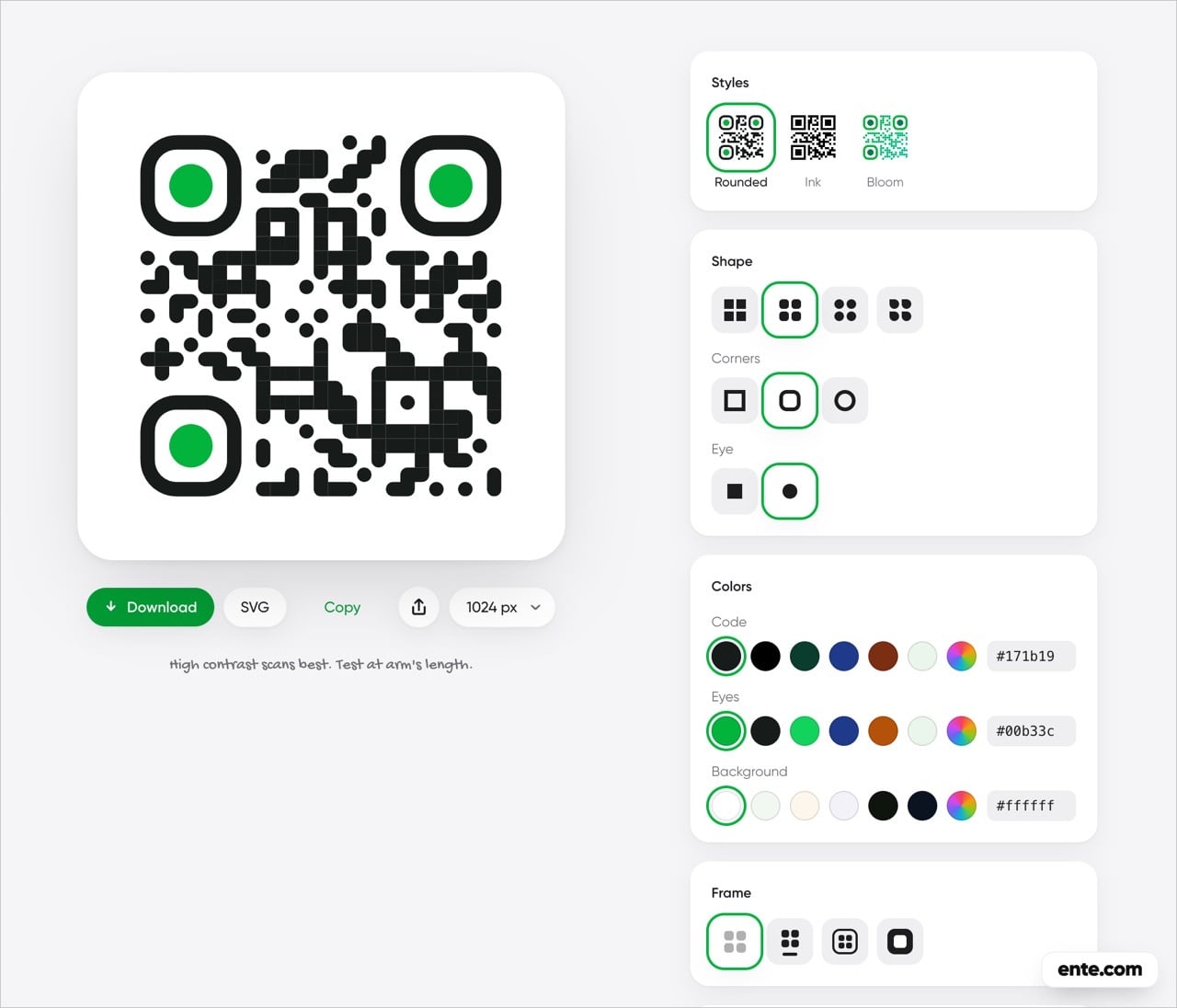 Ente QR 免費線上 QR Code 產生器，全程在瀏覽器運算、免註冊也不追蹤，還能自訂樣式與顏色