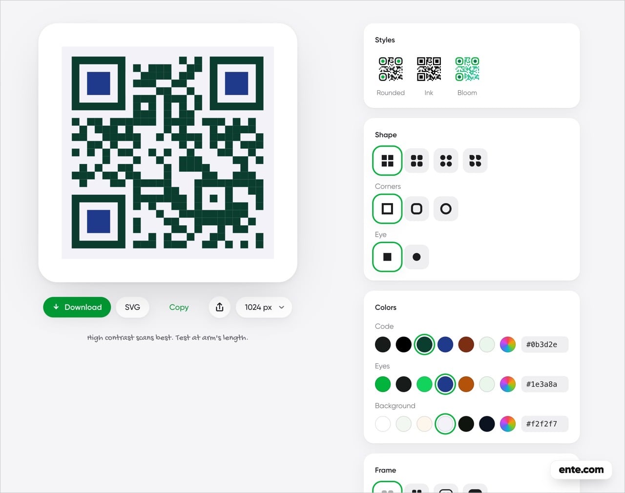 Ente QR 免費線上 QR Code 產生器，全程在瀏覽器運算、免註冊也不追蹤，還能自訂樣式與顏色